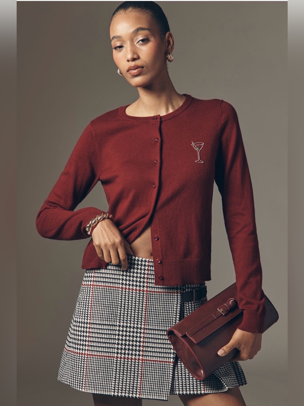 Anthropologie Juliet Beaded Drink Icon Cotton Cashmere Cardigan Sweater Martini